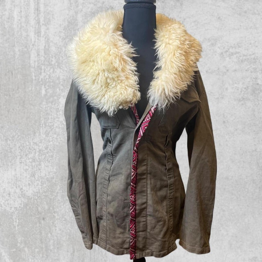 The Ragged Priest Womens Utility Jacket Faux Fur Collar Olive Green Embroidered